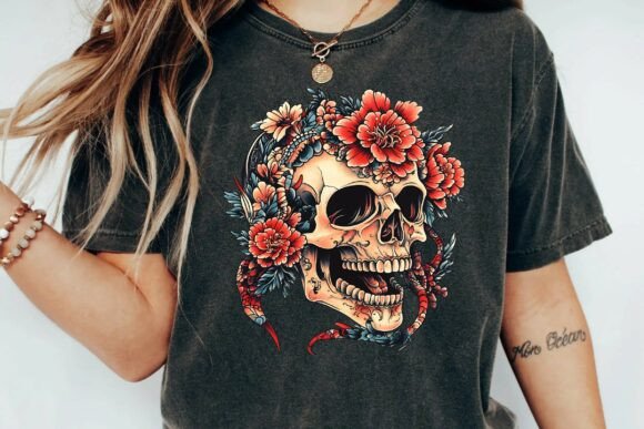 Neo Traditional Skull and Peony Flower Snake Tattoo Design Png