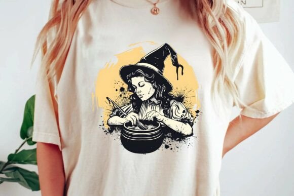 Retro Witch Stirring Magical Cauldron Vintage Halloween Potion Design PNG
